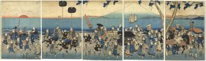 Kuniyoshi / Children Imitating a Daimyo Procession on the shore at sunset [子供行列図]