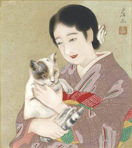 自筆色紙　猫と女性