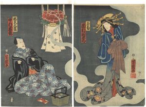Yoshiiku / Kabuki Scene from Norinoshikishikakitsunofututuka [法四季紙家橘拙]