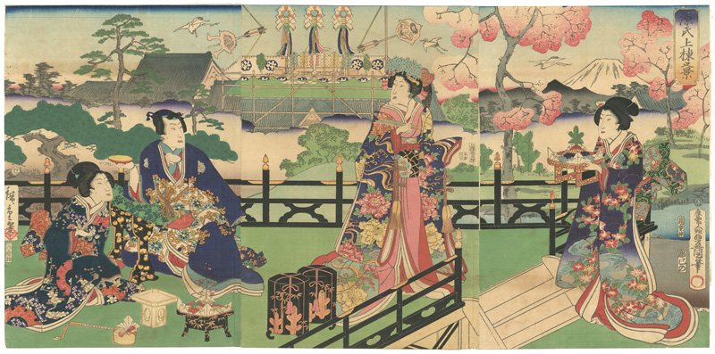 Toyokuni III, Hiroshige II “Prince Genji Watching a Roof-raising Ceremony”