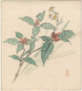 辻永「自筆色紙 千兩と水仙」