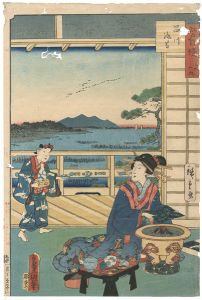 Toyokuni III, Hiroshige II / 36 Famous and Interesting Things in Edo / Nori (dried lava) at Shinagawa [江戸自慢三十六興　品川　海苔]