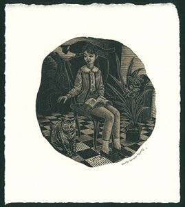 Wakuta Toshiyuki / Ex Libris / Girl on chair V (Cat & Girl)