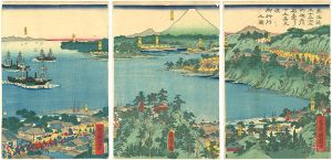 国周「東海道五十三次之内　神奈川宿台ヨリ十五景見渡御行列之図」