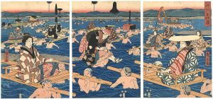 広重初代「大井川歩行渡」