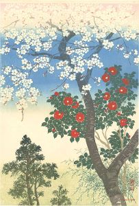 川面義雄（根来莱山）「櫻下椿花」