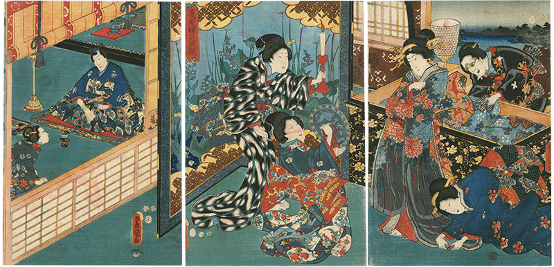 Toyokuni III “Natsuzashiki Tsuki to Yugao (Yugao in the Moonlight in a Summer Palace)”