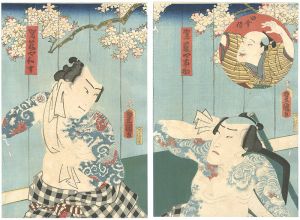 Toyokuni III / Ichisuke the Palaquin Carrier, the Country Samurai and Wakichi the Palaquin Carrier [駕籠や市助 田舎侍 駕籠や和吉]