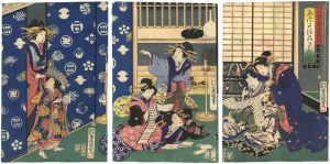 Toyokuni III / Four Arts in the Genji / Caligraphy, Judging Tamazusa [見立源氏琴碁書画之内　玉ずさの品さだめ]