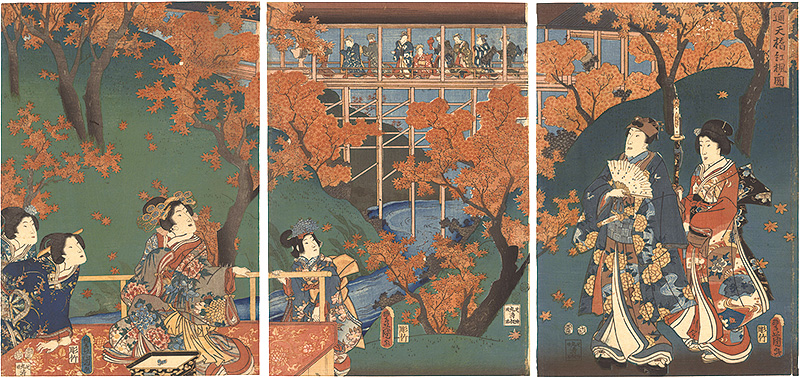 Toyokuni III “Red Maple Leaves at the Tsuten Bridge”