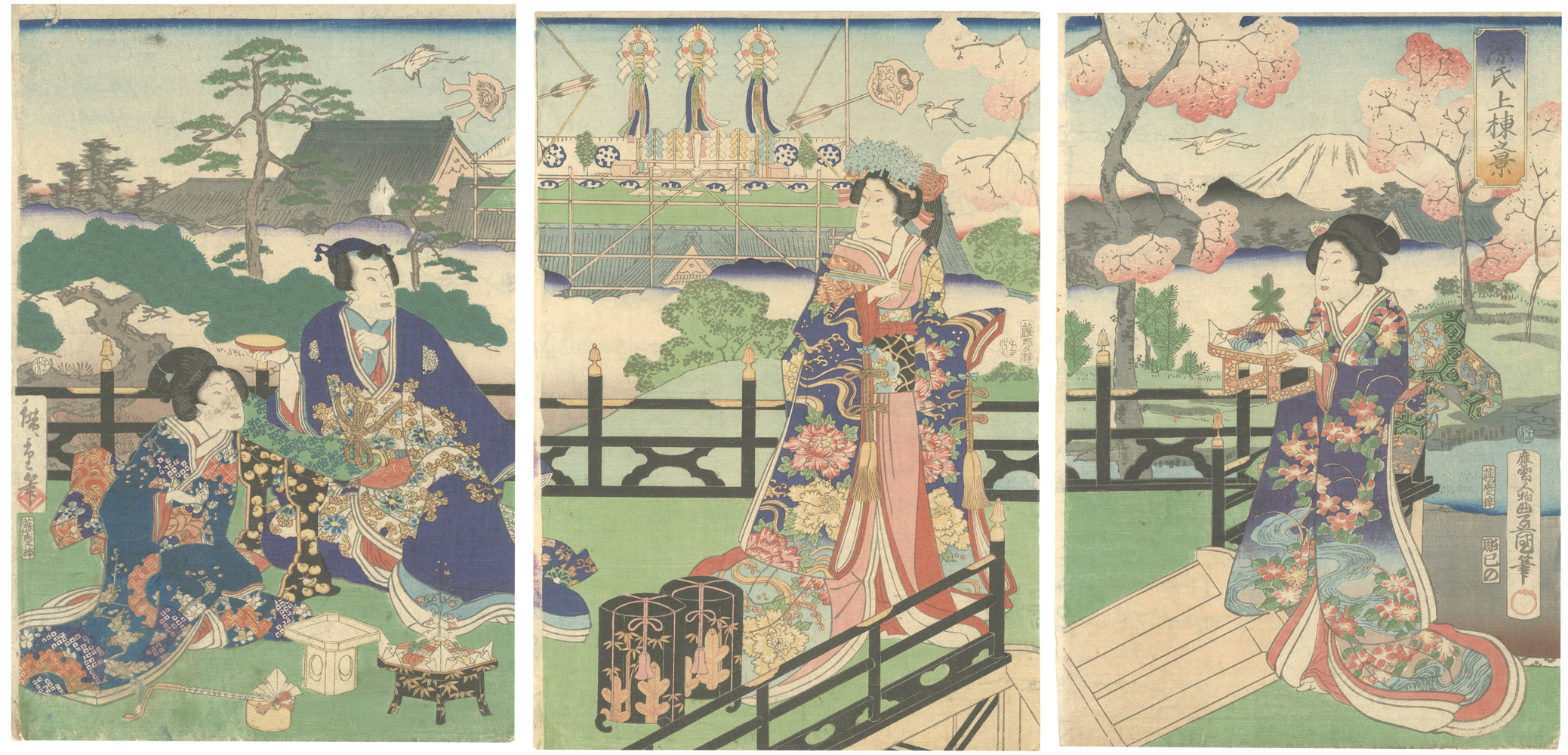 Toyokuni III and Hiroshige II “Prince Genji Watching the Ridgepole-Raising Ceremony”