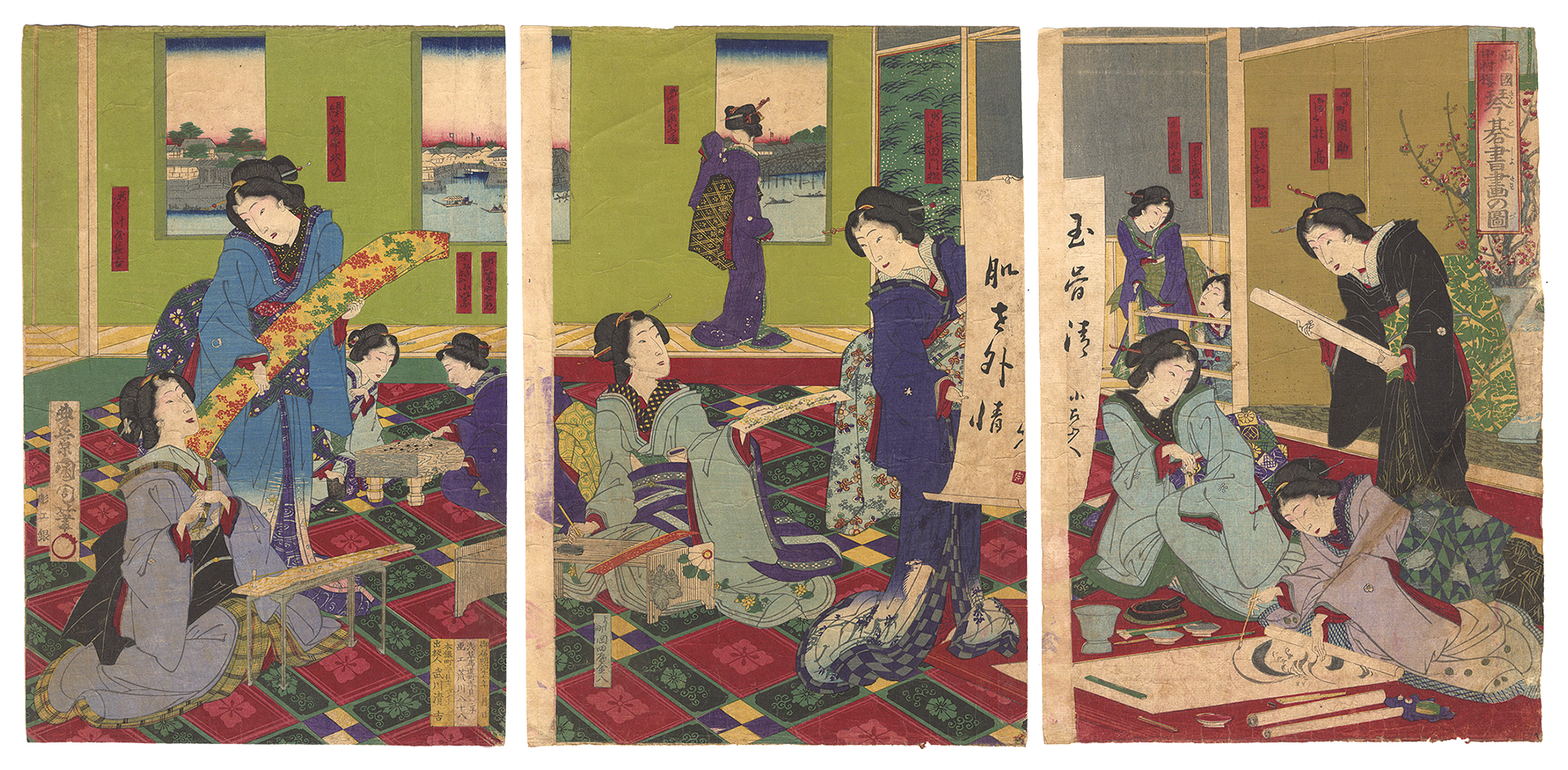 国周「両国中村樓 琴碁書画の図」