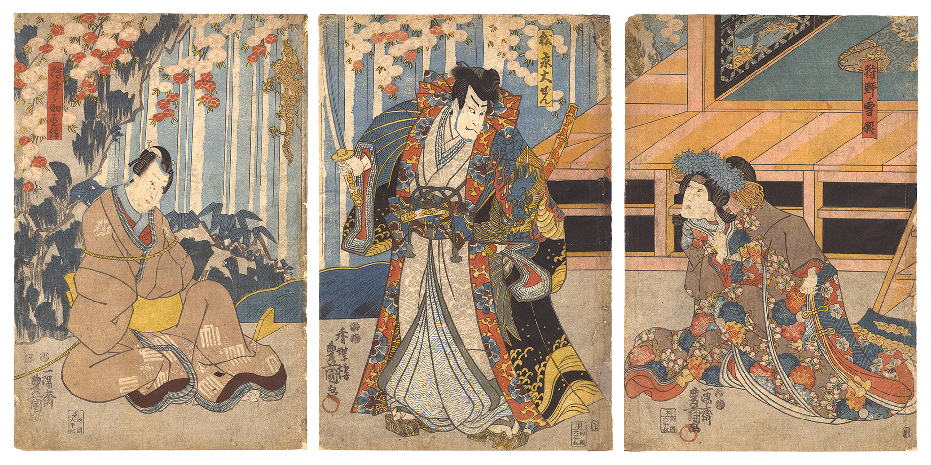 Toyokuni III “Kabuki Play: Tsuki Yuki Hana Maki-e no Kendai”