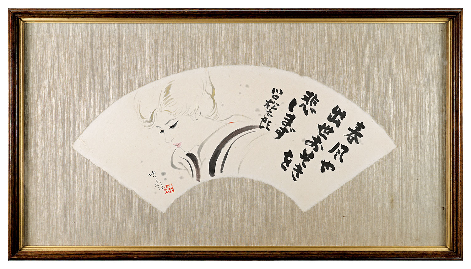 岩田専太郎 川口松太郎「自筆画賛扇面」