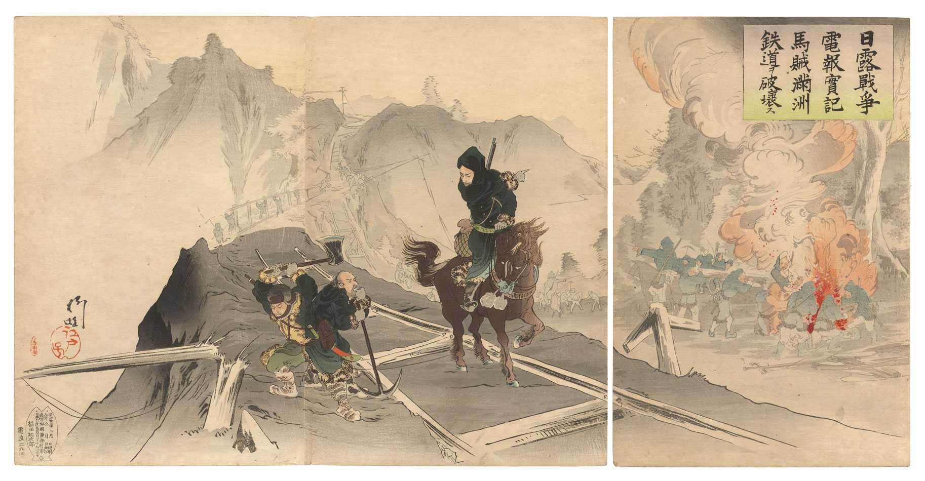 Ryua “Telegraphic Record of the Russo-Japanese War / Mounted Bandits Destroying the Manchurian Railways”