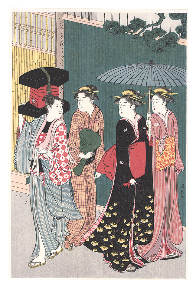 Kiyonaga “Current Manners in Eastern Brocade /A samusai's daughter with two maids and a man servant【Reproduction】”