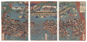 In Preparation to Conquer the Heike at Their Stronghold in Ichinotani, Lord Yoritomo Makes Noriyori and Yoshitsune the Leaders of Two Sides with Long and Short Spears and Observes Their Practice Maneuvers / Yoshitsuya