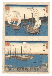 Famous Places in Edo / Distant View of Zojo-ji Temple in Shibaura and Moonlit Evening at Takanawa / Hiroshige I